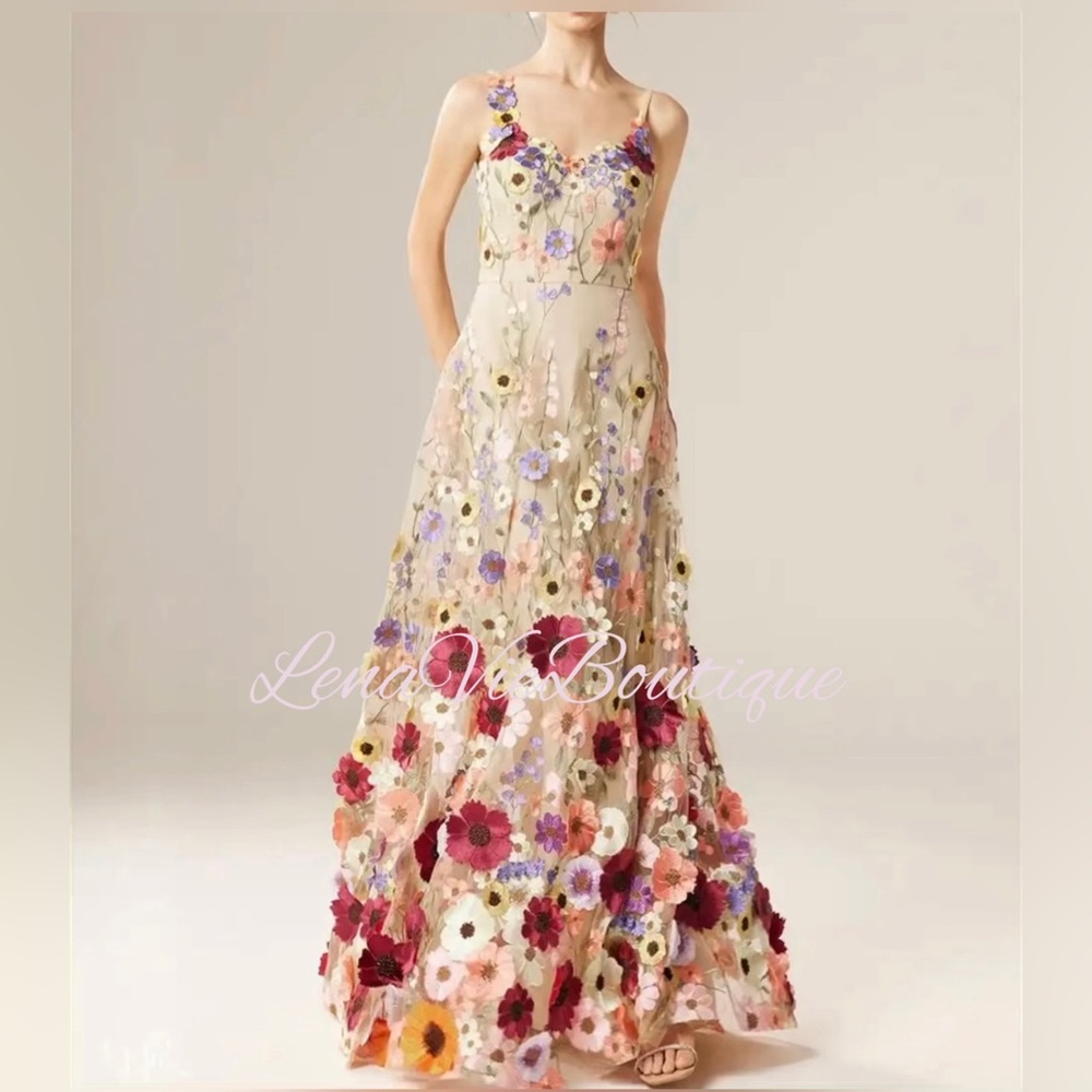 Lena Vie Hannah Dripping Embroidered Floral Long Luxury Dress, MADE TO ORDER - Picture 2 of 8